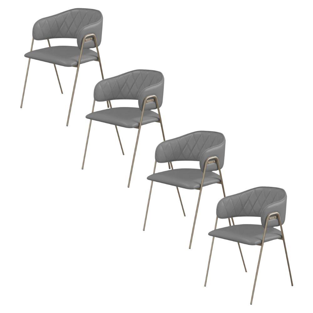 Conjunto 4 Cadeiras Veneza Couro Cinza Metal Champanhe