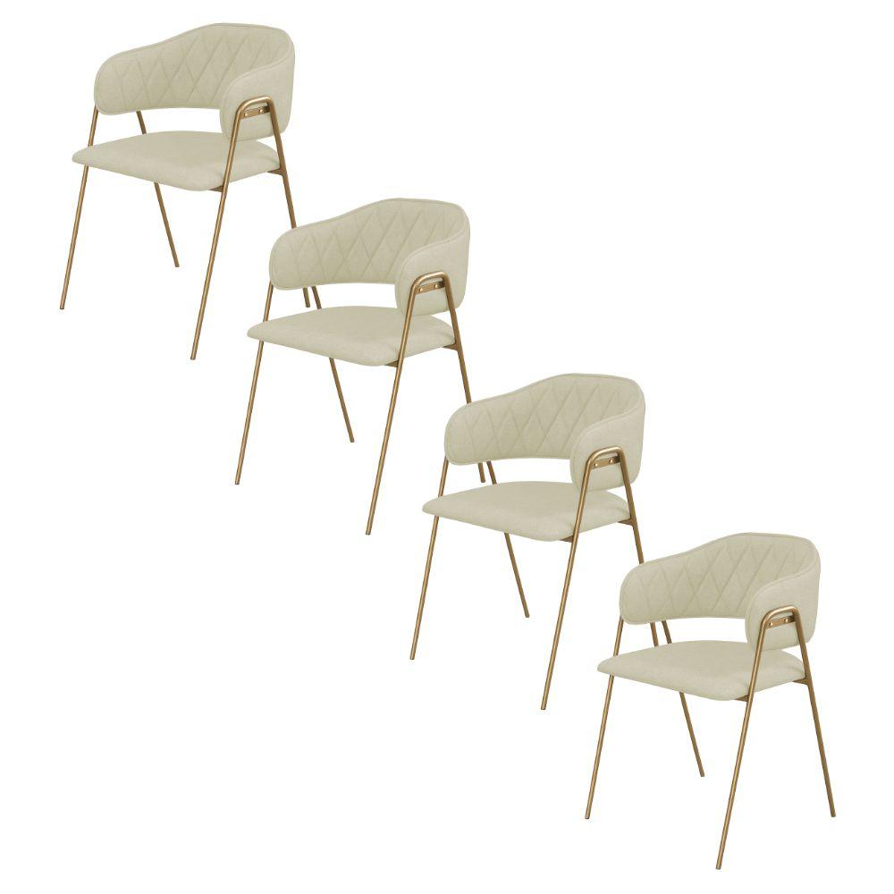 Conjunto 4 Cadeiras Veneza Linho Palha Metal Dourado