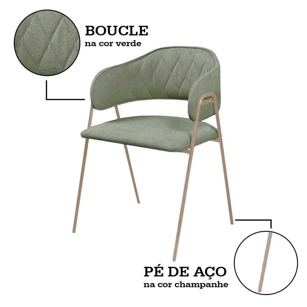 Conjunto 4 Cadeiras Veneza no Boucle Verde e Metal Champanhe