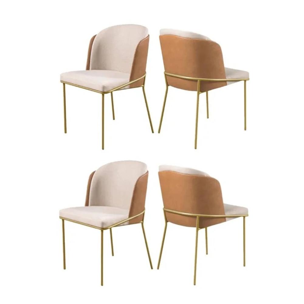 Conjunto 4 Cadeiras de Jantar Aurora Linho Bege e Couro Caramelo com Metal Dourado