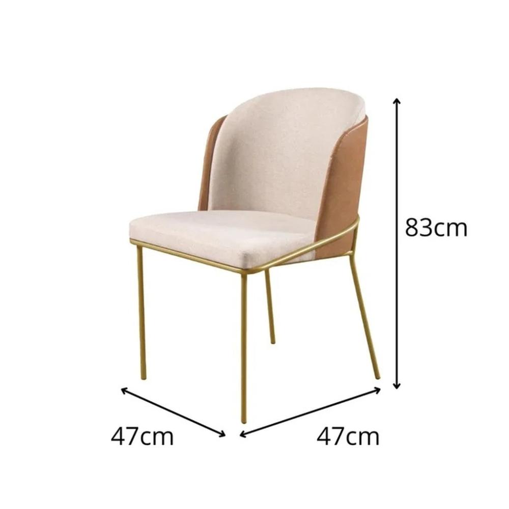 Conjunto 4 Cadeiras de Jantar Aurora Linho Bege e Couro Caramelo com Metal Dourado