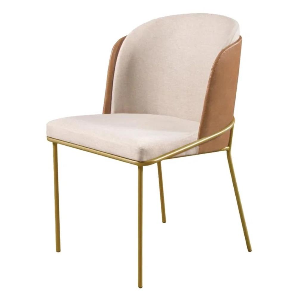 Conjunto 4 Cadeiras de Jantar Aurora Linho Bege e Couro Caramelo com Metal Dourado