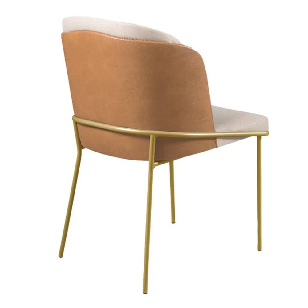 Conjunto 4 Cadeiras de Jantar Aurora Linho Bege e Couro Caramelo com Metal Dourado
