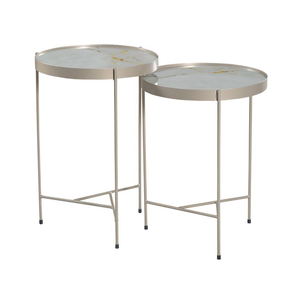 Conjunto Mesa de Canto Itália em Tampo Marmorizado Off White e Pés em Metal Champanhe