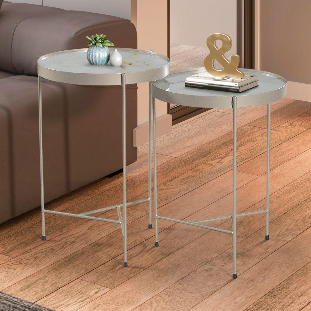 Conjunto Mesa de Canto Itália em Tampo Marmorizado Off White e Pés em Metal Champanhe