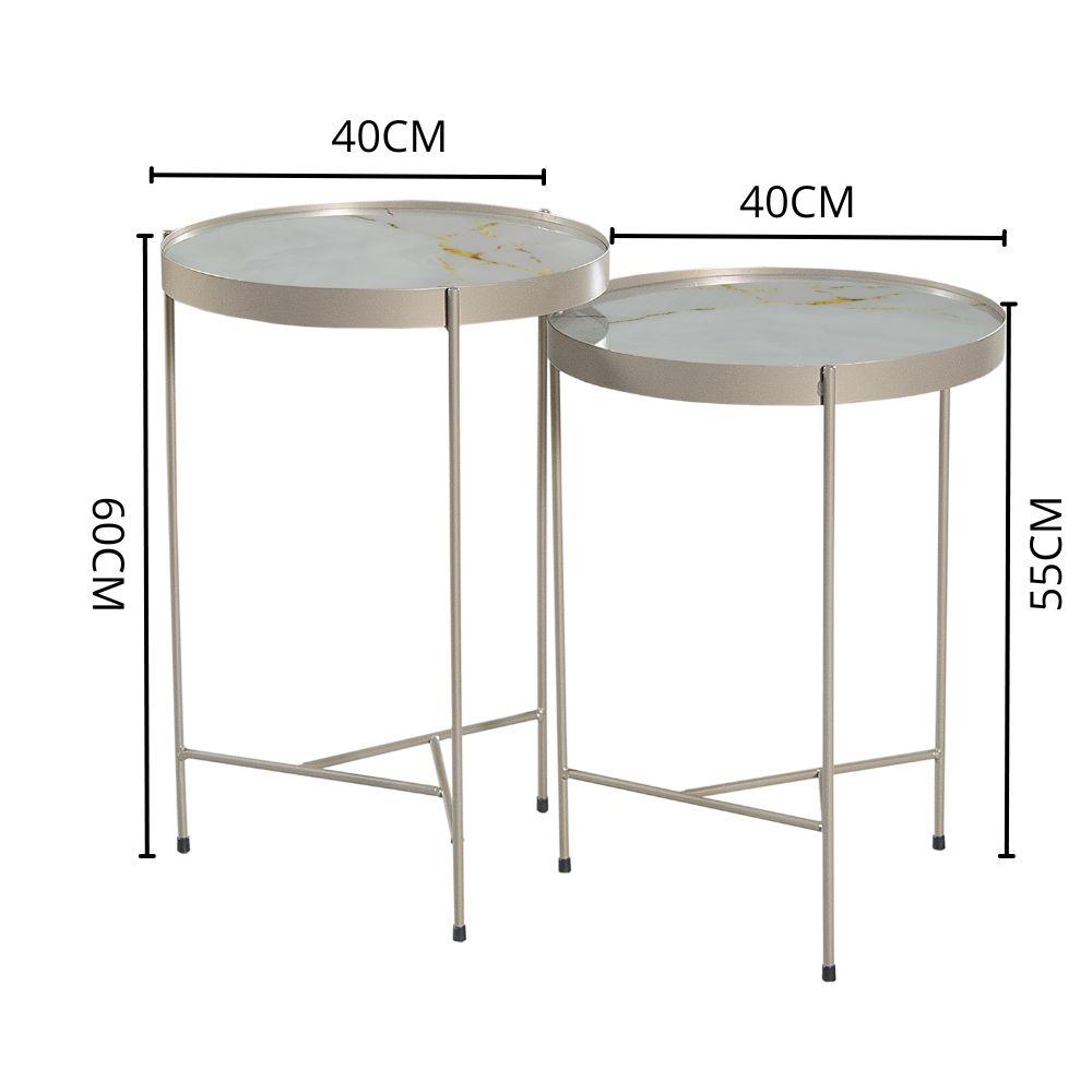 Conjunto Mesa de Canto Itália em Tampo Marmorizado Off White e Pés em Metal Champanhe