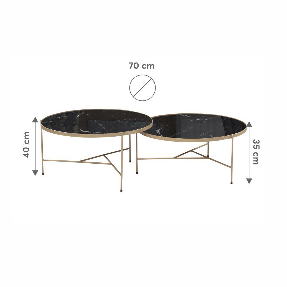 Conjunto Mesa de Centro Itália Tampo Marmorizado Preto e Pés Metal Champanhe