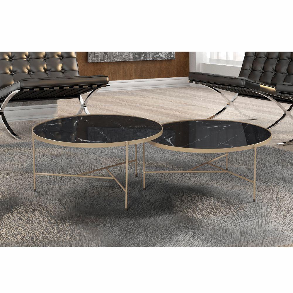 Conjunto Mesa de Centro Itália Tampo Marmorizado Preto e Pés Metal Champanhe