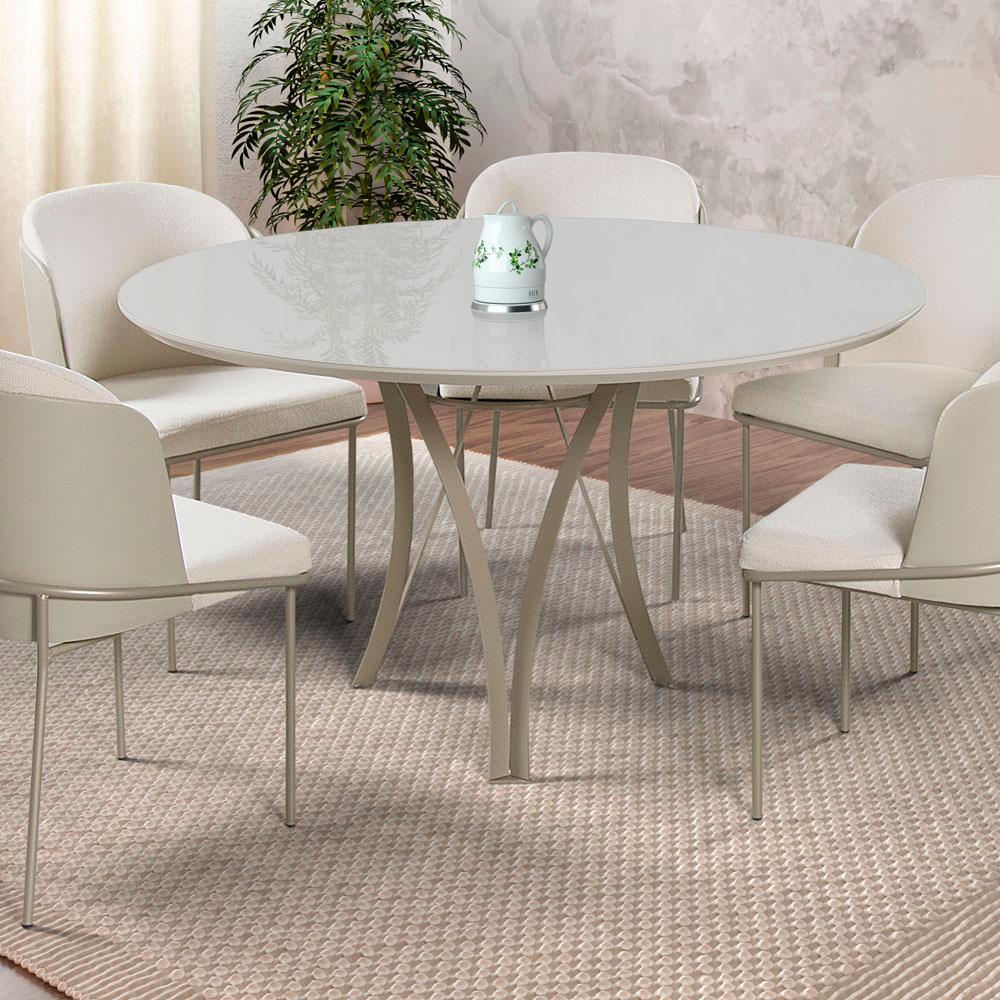 Conjunto Mesa de Jantar Barcelona Off White Base Champanhe 1,35M com 4 Cadeiras Aurora
