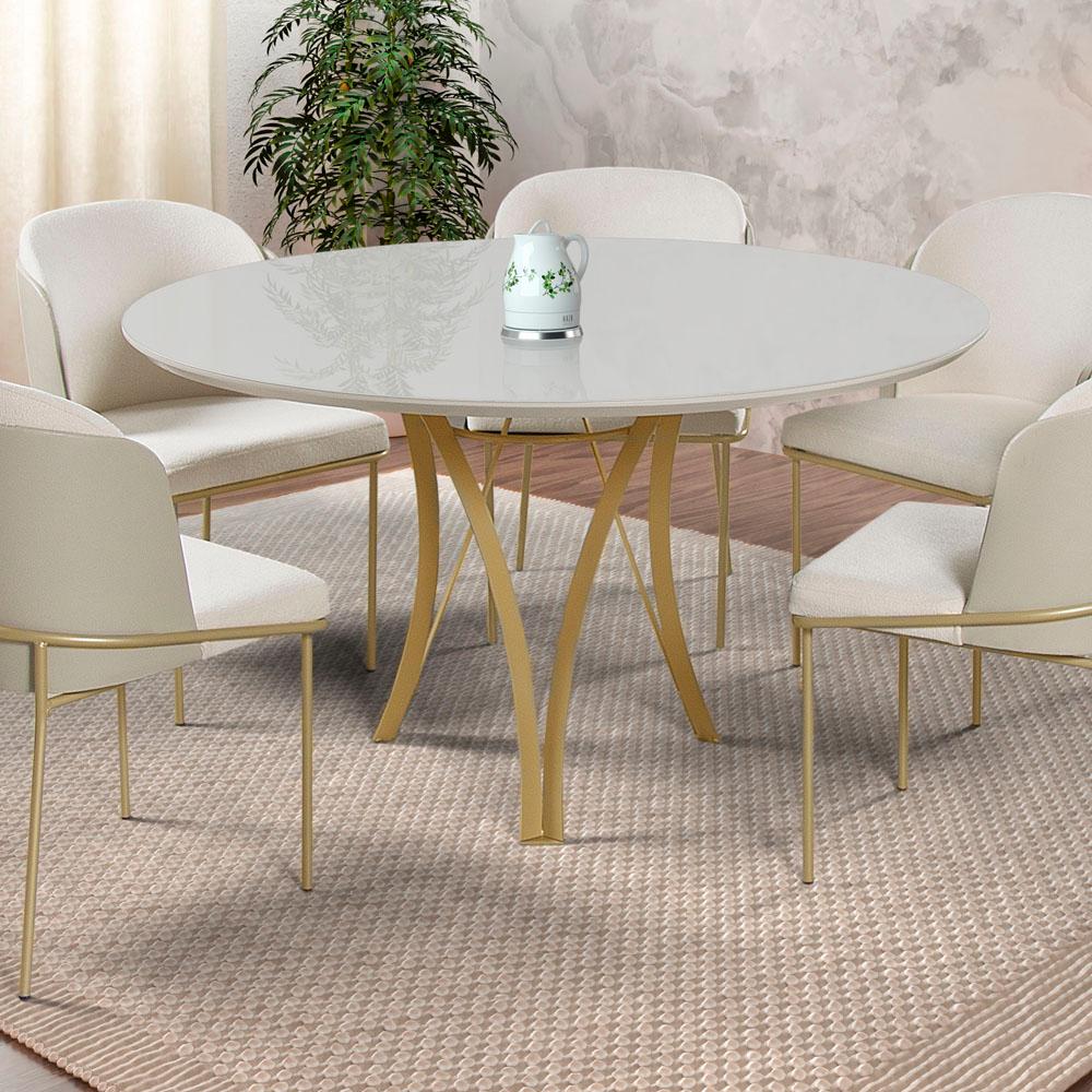 Conjunto Mesa de Jantar Barcelona Off White Base Dourado 1,20M com 4 Cadeiras Aurora