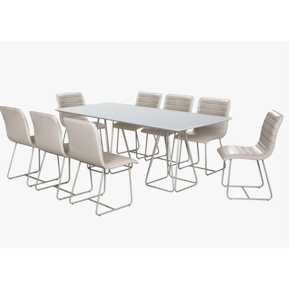 Conjunto Mesa de Jantar Milão Off White com 8 Cadeiras Cristal Couro Pérola Metal Champanhe