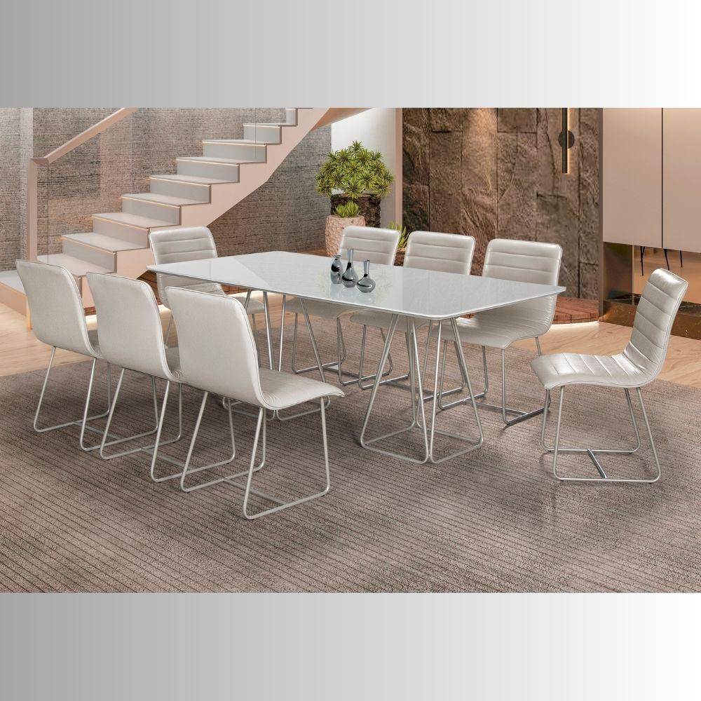 Conjunto Mesa de Jantar Milão Off White com 8 Cadeiras Cristal Couro Pérola Metal Champanhe