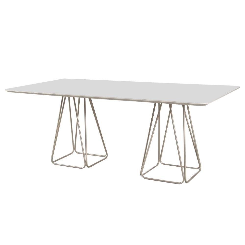 Conjunto Mesa de Jantar Milão Off White com 8 Cadeiras Cristal Couro Pérola Metal Champanhe