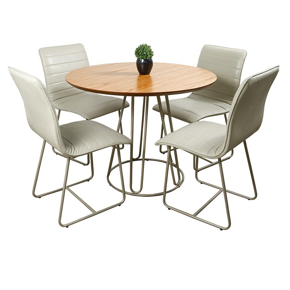 Conjunto Sala de Jantar Rubi Cinamono com 4 Cadeiras Cristal Couro Pérola e Metal Champanhe