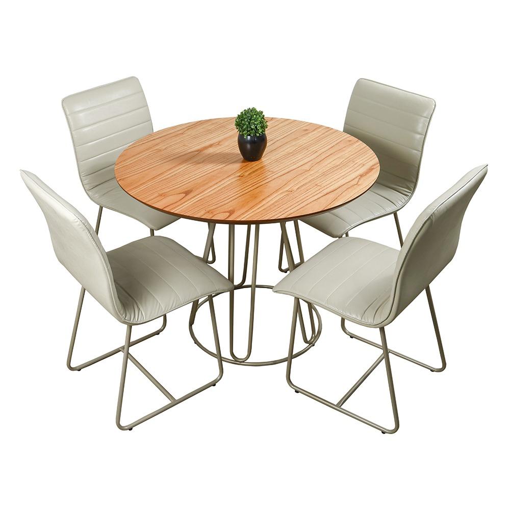 Conjunto Sala de Jantar Rubi Cinamono com 4 Cadeiras Cristal Couro Pérola e Metal Champanhe