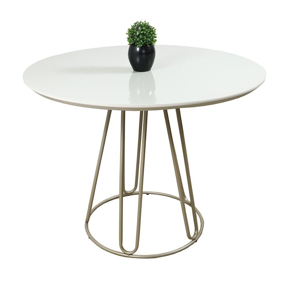 Conjunto Sala de Jantar Rubi Off White com 4 Cadeiras Cristal Couro Pérola Base Champanhe