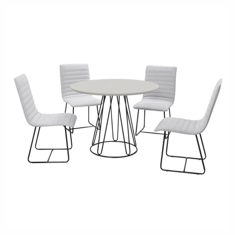 Conjunto Sala de Jantar Rubi Off White com 4 Cadeiras no Linho Cinza