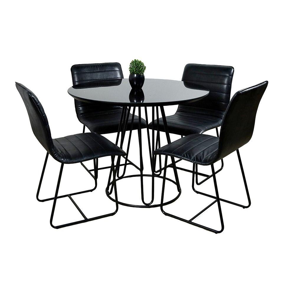 Conjunto Sala de Jantar Rubi Preto com 4 Cadeiras Cristal Couro Preto Base Preto