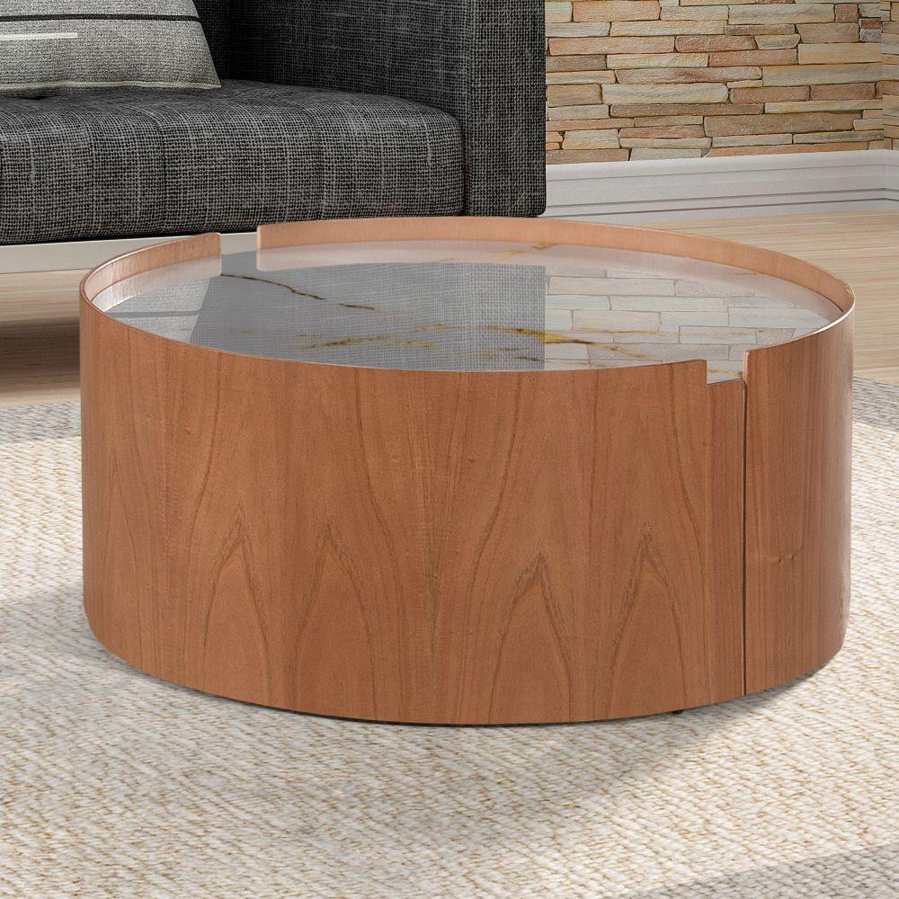 Mesa de Centro Olinda Redonda Tampo Marmorizado Off White e Estrutura em MDF Laminado