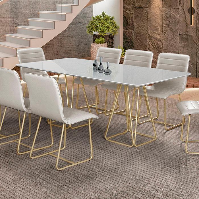 Mesa de Jantar Retangular Milão Off White 2M com Base Metal Dourado