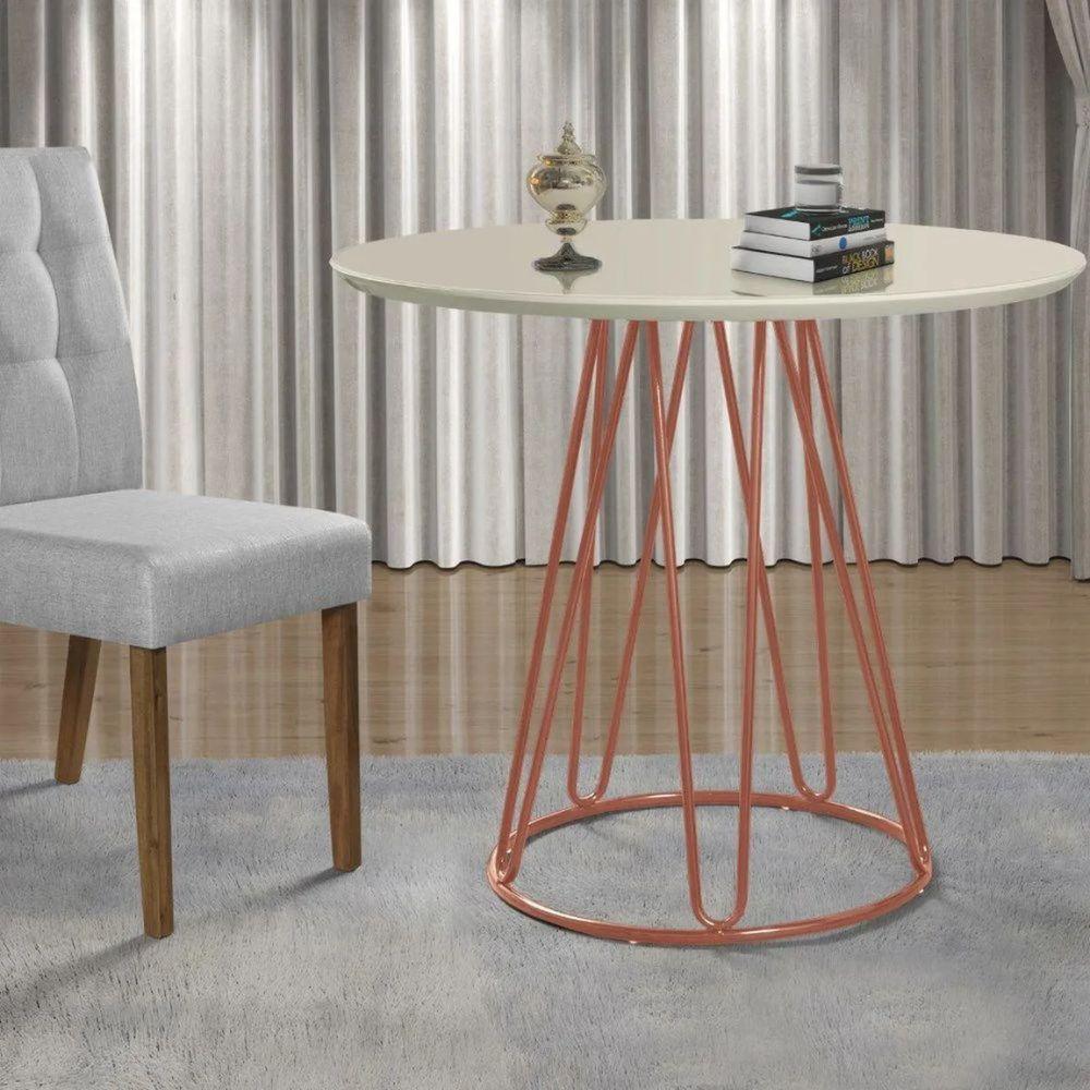 Mesa de Jantar Rubi Off White com Base de Metal Cobre
