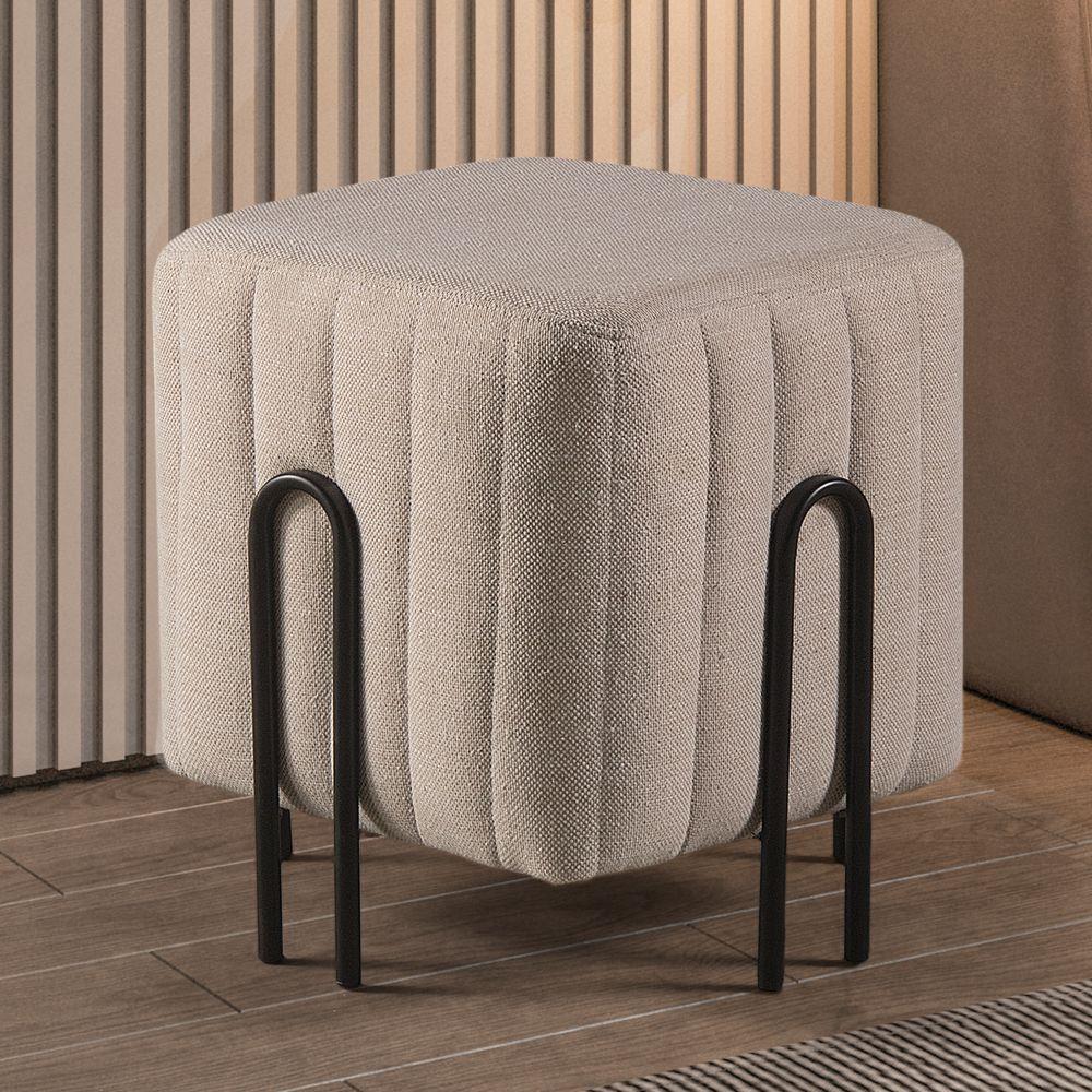 Puff Realeza Decorativo com Linho Cinza e Pés Preto