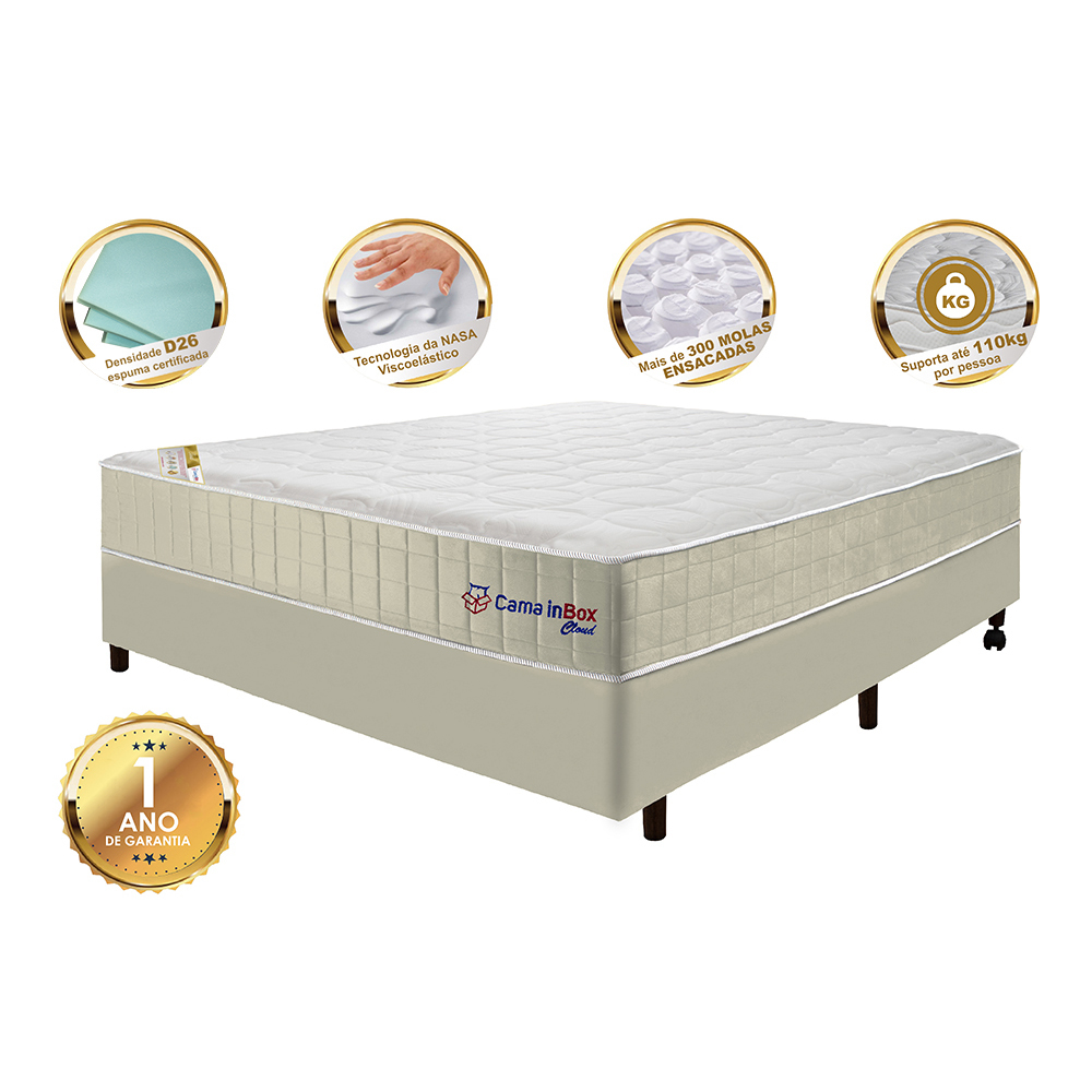 Conjunto Cama Box Casal com Molas Ensacadas Cama inBox Cloud Bege 138x188x67