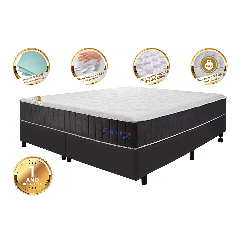 Conjunto Cama Box King com Molas Ensacadas Cama inBox Cloud Cinza 193x203x67