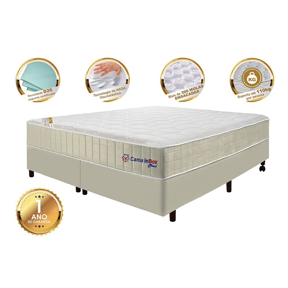 Conjunto Cama Box Queen com Molas Ensacadas Cama inBox Cloud Bege 158x198x67