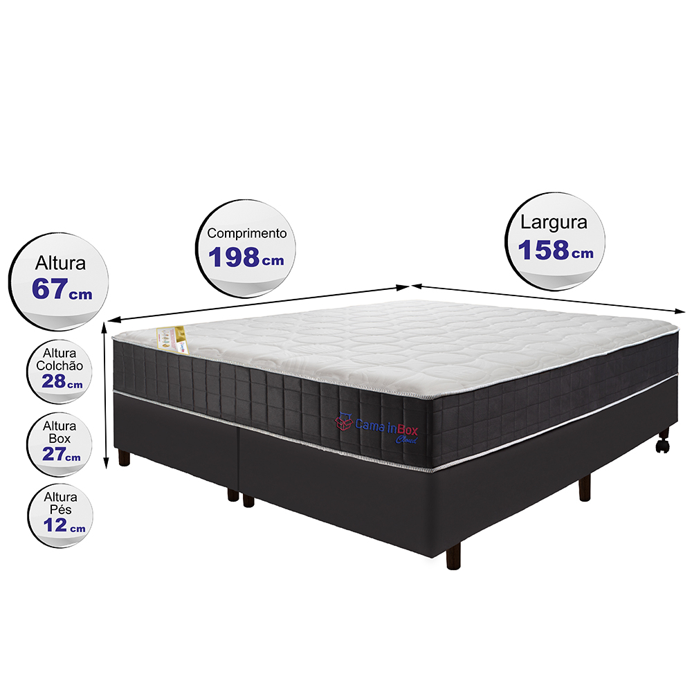 Conjunto Cama Box Queen com Molas Ensacadas Cama inBox Cloud Cinza 158x198x67