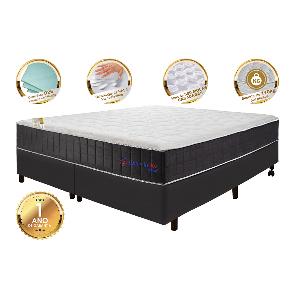 Conjunto Cama Box Queen com Molas Ensacadas Cama inBox Cloud Cinza 158x198x67