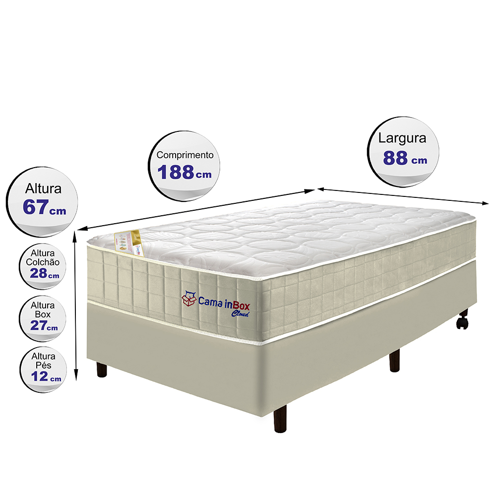 Conjunto Cama Box Solteiro com Molas Ensacadas Cama inBox Cloud Bege 88x188x67