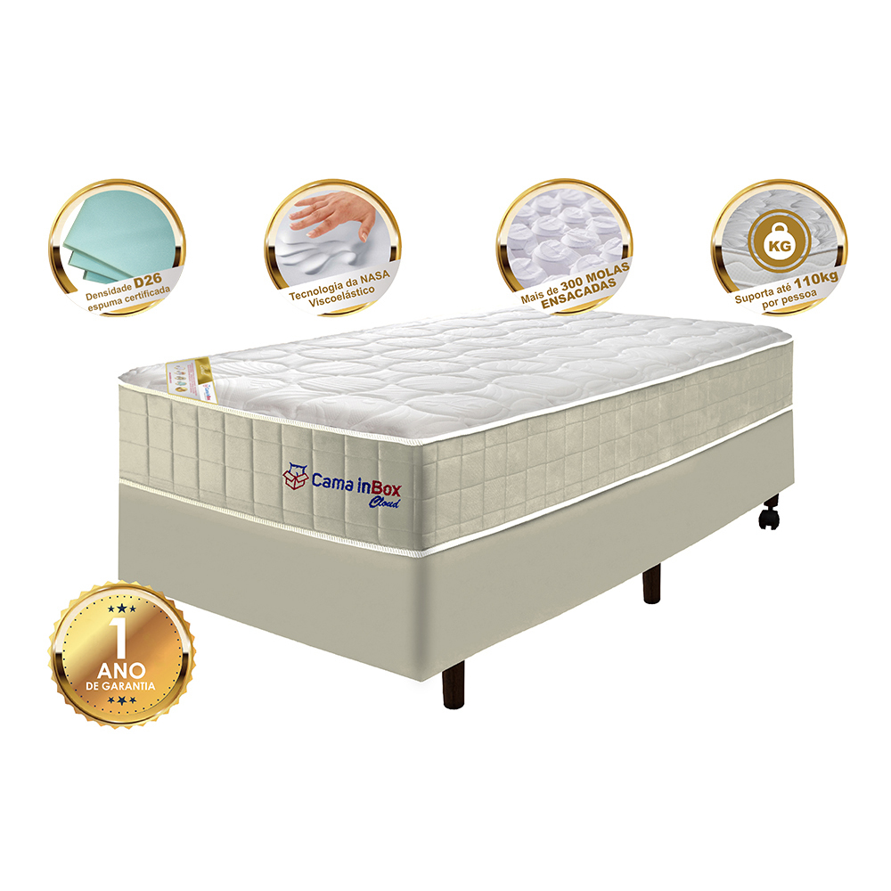 Conjunto Cama Box Solteiro com Molas Ensacadas Cama inBox Cloud Bege 88x188x67