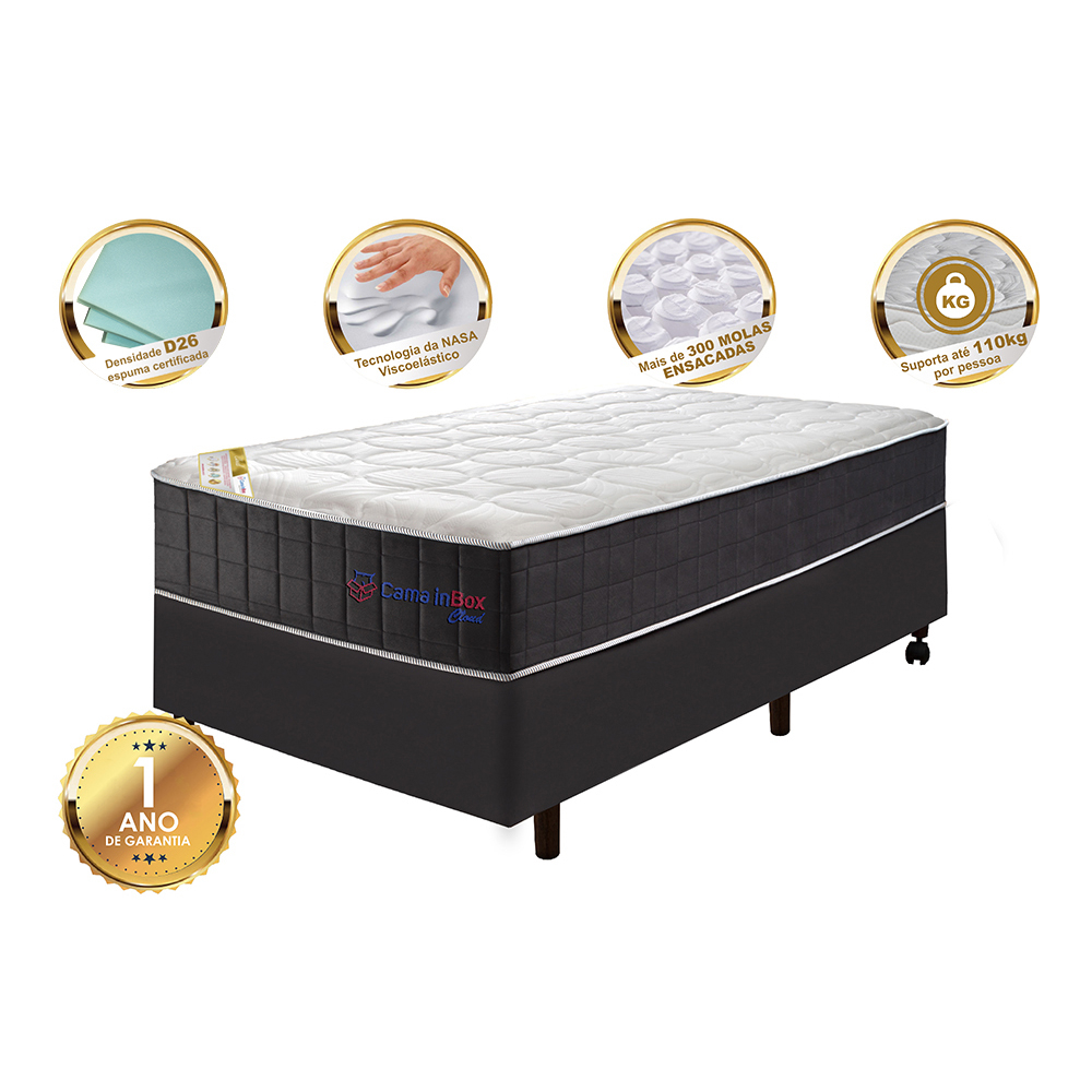 Conjunto Cama Box Solteiro com Molas Ensacadas Cama inBox Cloud Cinza 88x188x67