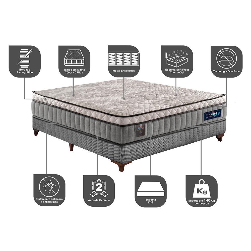Cama Box Casal Colchão Euro Pillow +Box 138x188x60 Molas Ensacadas Cama inBox Frost ThermoGel Living