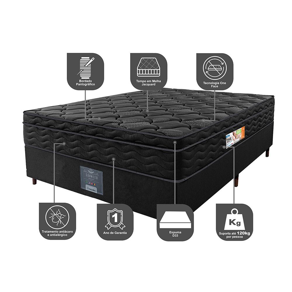 Cama Box Casal Colchão Ortopédico Black + Box 138x188x67 One Face Espuma D33 Preto