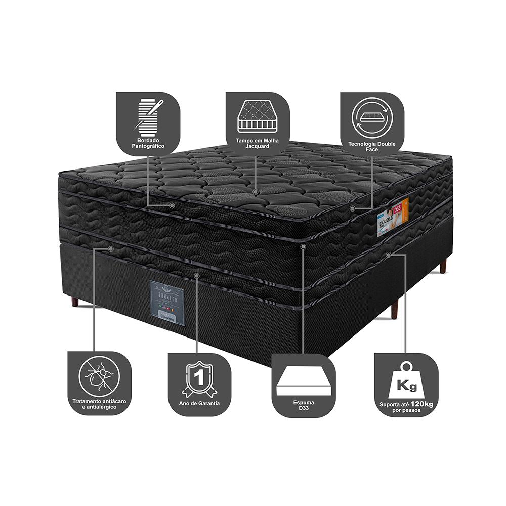 Cama Box Casal Colchão Ortopédico Black + Box 138x188x71 Double Face Espuma D33 Preto