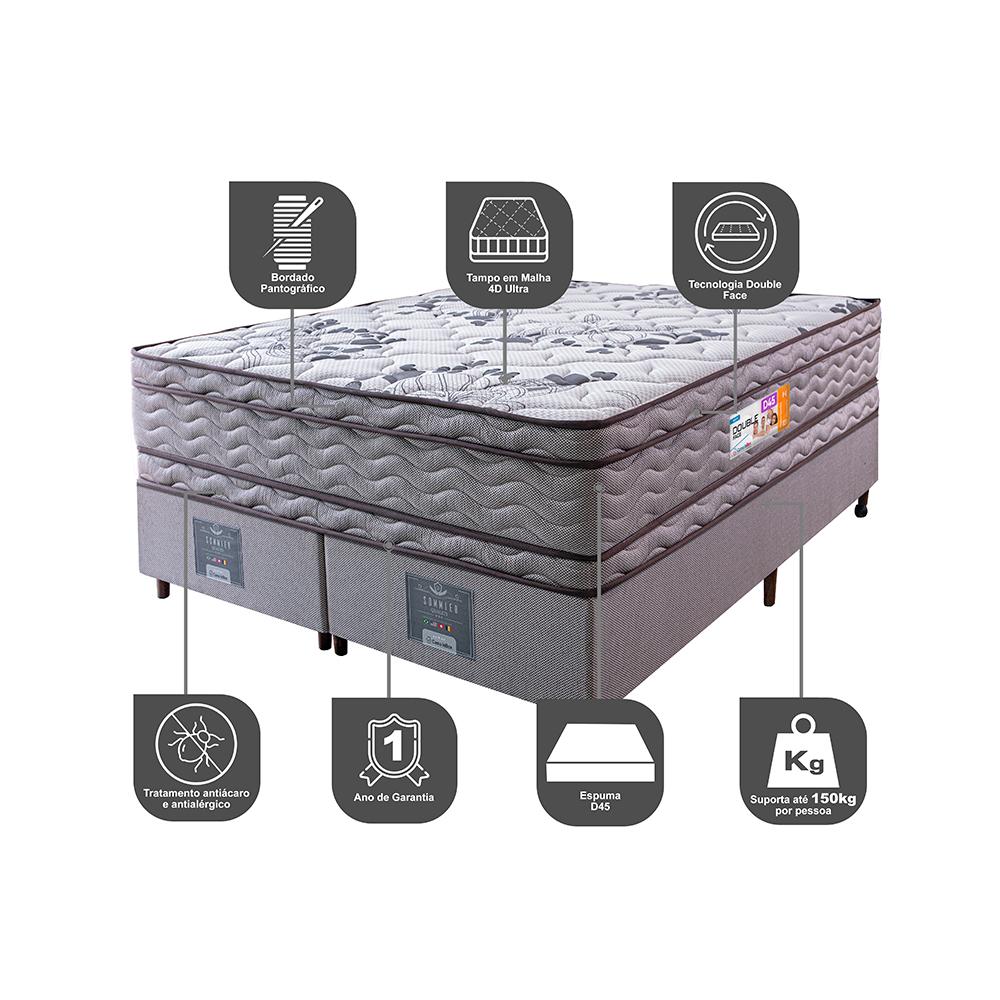 Cama Box King Colchão Ortopédico + Box 193x203x71 Double Face Espuma D45 Cinza