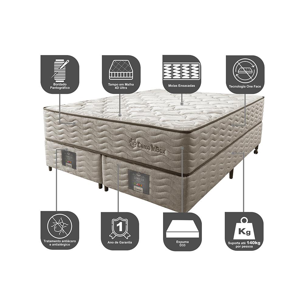 Cama Box Queen Colchão Euro + Box 158x198x71 Molas Ensacadas Cama inBox Ocean Bege