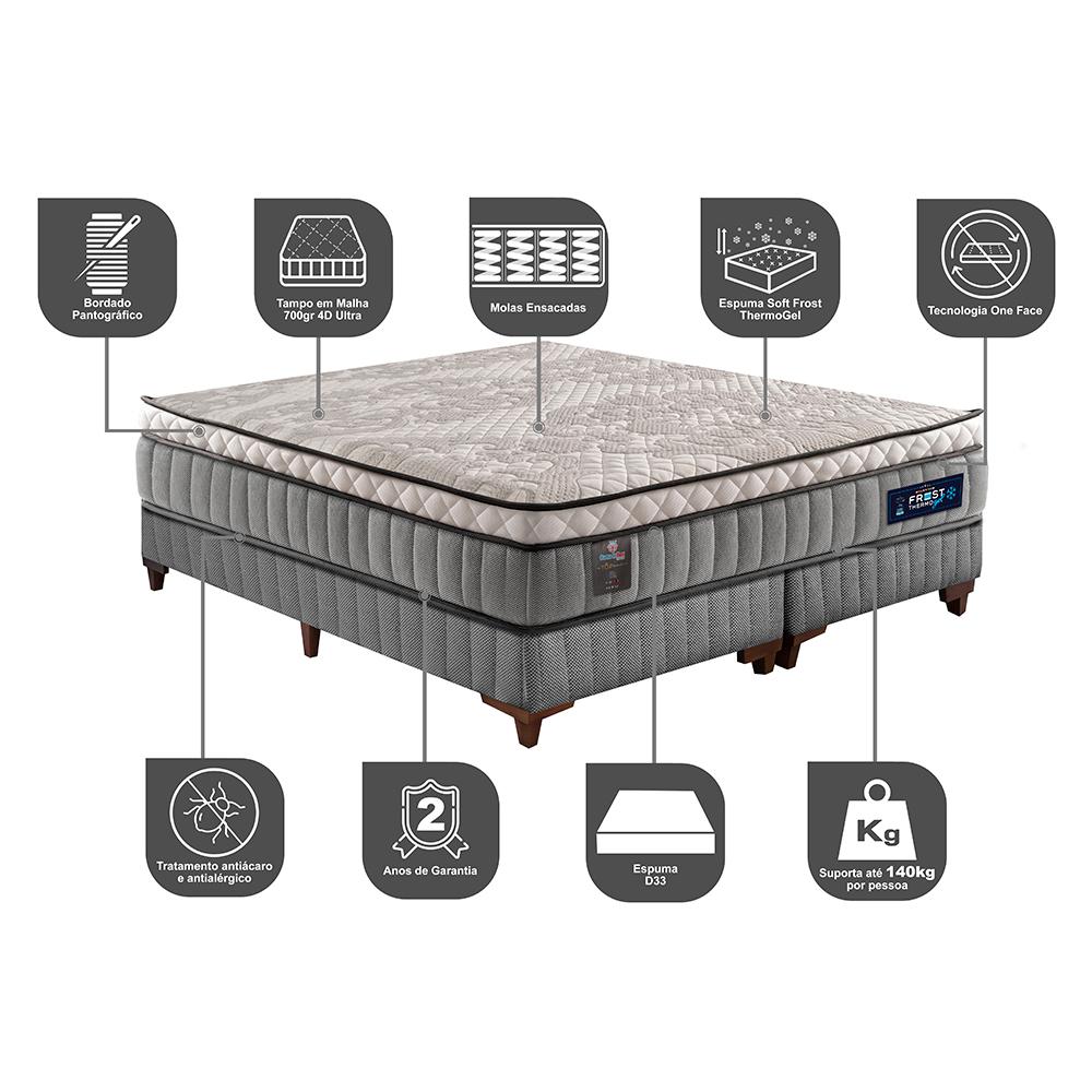 Cama Box Queen Colchão Euro Pillow +Box 158x198x60 Molas Ensacadas Cama inBox Frost ThermoGel Living