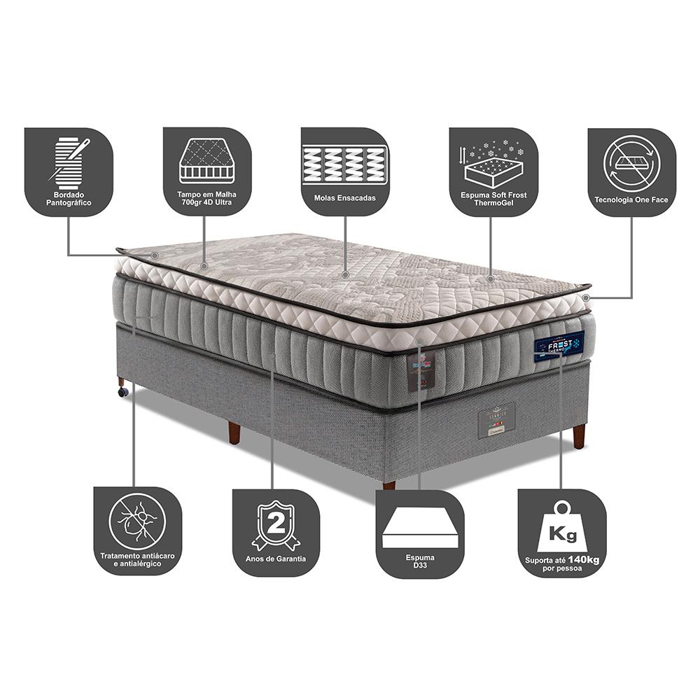 Cama Box Solteiro Colchão Euro Pillow + Box 88x188x70 Molas Ensacadas Cama inBox Frost ThermoGel