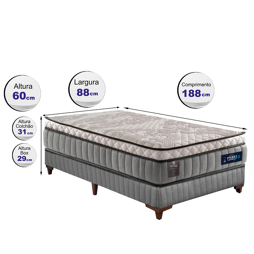 Cama Box Solteiro Colchão Euro Pillow +Box 88x188x60 Mola Ensacada Cama inBox Frost ThermoGel Living