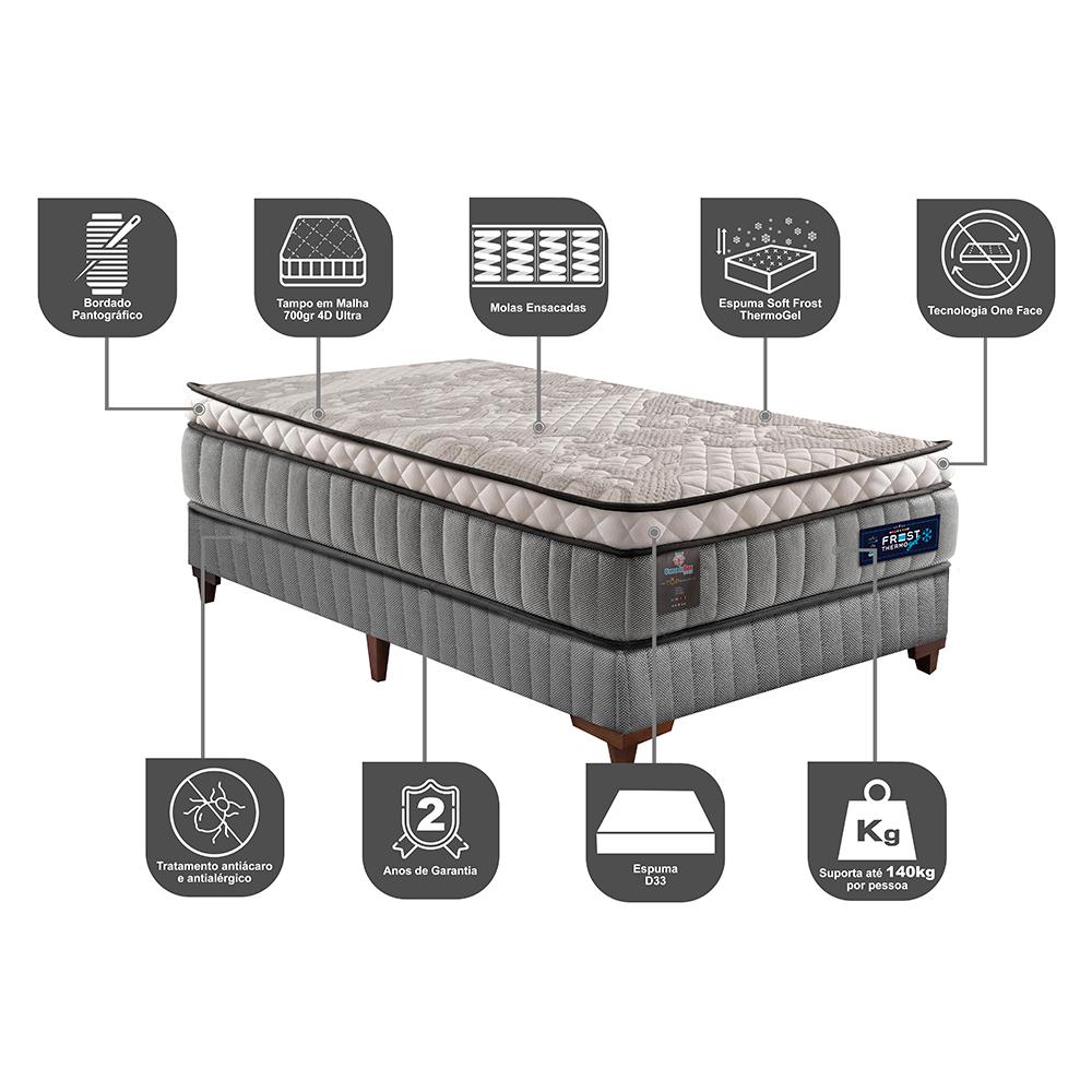 Cama Box Solteiro Colchão Euro Pillow +Box 88x188x60 Mola Ensacada Cama inBox Frost ThermoGel Living