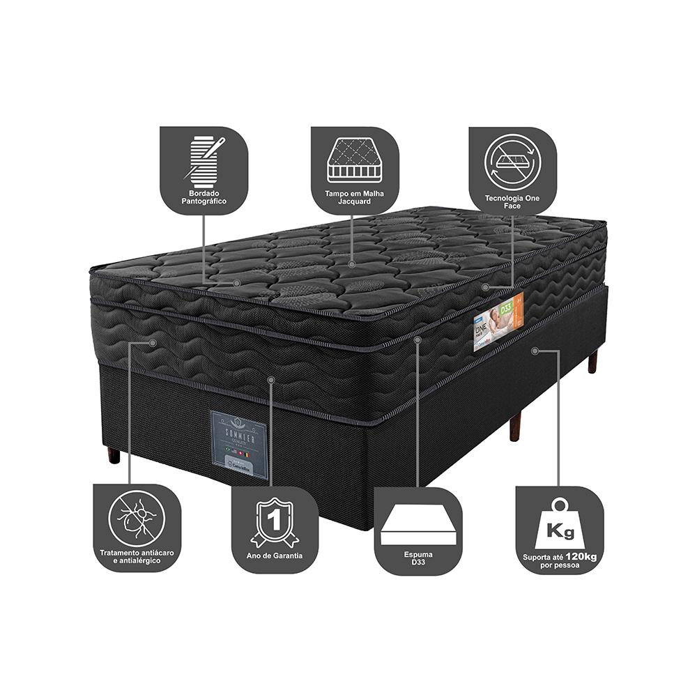 Cama Box Solteiro Colchão Ortopédico Black + Box 88x188x67 One Face Espuma D33 Preto
