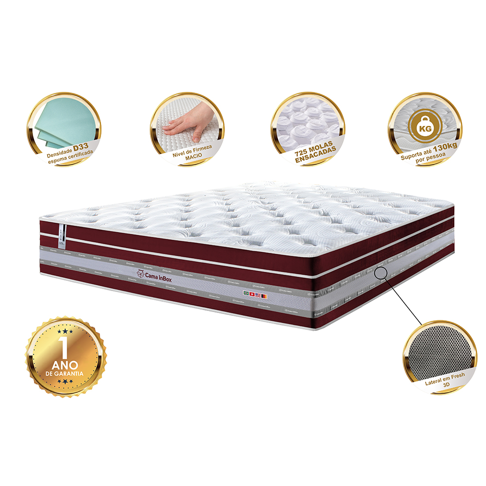 Colchão King de Molas Ensacadas Cama inBox Select Euro Soft 193x203x32 Vinho