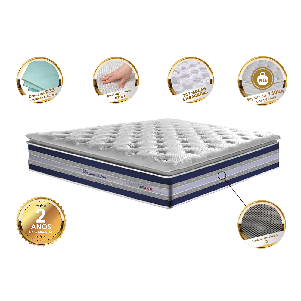 Colchão King de Molas Ensacadas D33 com Pillow TOP Cama inBox Select 193x203x32 Azul