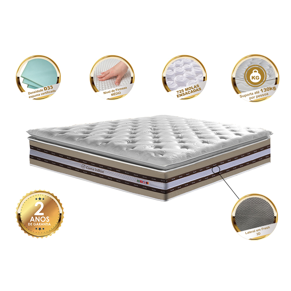 Colchão King de Molas Ensacadas D33 com Pillow TOP Cama inBox Select 193x203x32 Bege