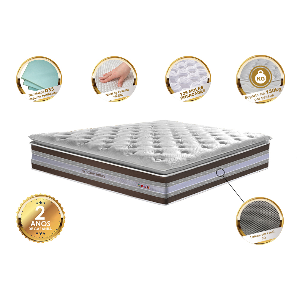 Colchão King de Molas Ensacadas D33 com Pillow TOP Cama inBox Select 193x203x32 Café