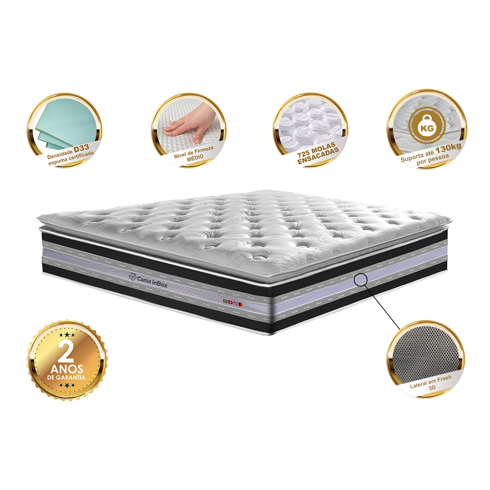 Colchão King de Molas Ensacadas D33 com Pillow TOP Cama inBox Select 193x203x32 Preto