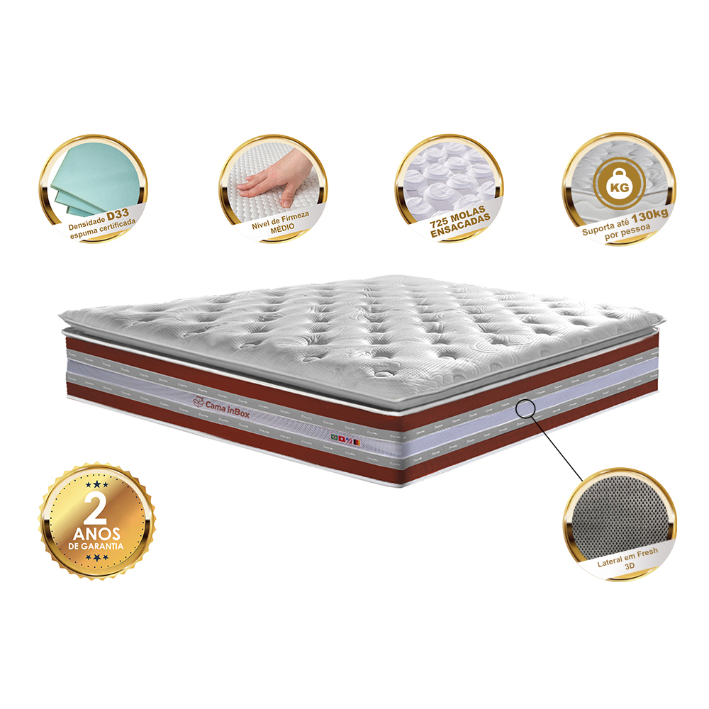 Colchão King de Molas Ensacadas D33 com Pillow TOP Cama inBox Select 193x203x32 Vermelho